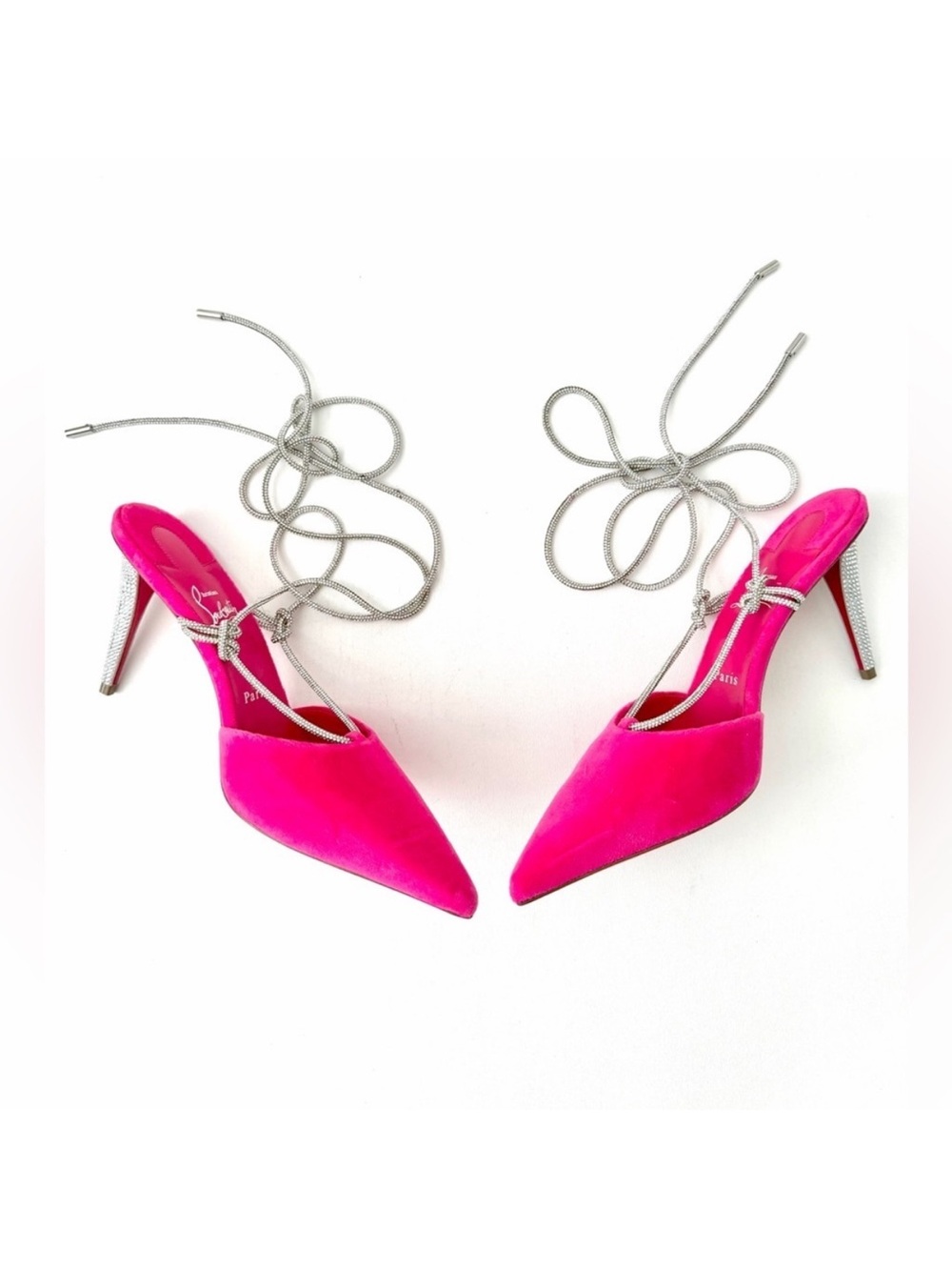 CHRISTIAN LOUBOUTIN | Astrid Lace‎ Strass Pink Suede 85 Ankle Wrap Heels 39